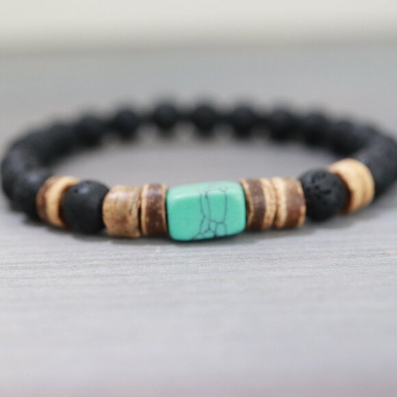 JA Jewelry Other - Turquoise Square Gemstone with Black Round Lava Beads Adjustable Bracelet
